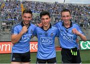 20 July 2014; Dublin players, left to right, Warren Egan, Colm Basquel, and Glenn O'Reilly, celebrate after the game. Electric Ireland Leinster GAA Football Minor Championship Final, Kildare v Dublin, Croke Park, Dublin. Picture credit: Dáire Brennan / SPORTSFILE