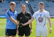 20 July 2014; Dublin captain Con O'Callaghan shakes hands with Kildare captain Paul Mescal before the game, with referee John Hickey. Electric Ireland Leinster GAA Football Minor Championship Final, Kildare v Dublin, Croke Park, Dublin. Picture credit: Ray McManus / SPORTSFILE