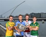 23 July 2014; In attendance at the launch of 2014 GAA Football Championship All-Ireland Series are, from left, Karl Lacey, Donegal, Jonny Cooper, Dublin, Robert Hennelly, Mayo, and James O'Donoghue, Kerry, with the Sam Maguire Cup. Sir John Rogerson's Quay, Dublin Picture credit: Brendan Moran / SPORTSFILE