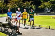 23 July 2014; In attendance at the launch of 2014 GAA Football Championship All-Ireland Series are, from left, Jonny Cooper, Dublin, Robert Hennelly, Mayo, Karl Lacey, Donegal and James O'Donoghue, Kerry, and the Sam Maguire Cup. St. Stephen's Green, Dublin. Picture credit: Ray McManus / SPORTSFILE