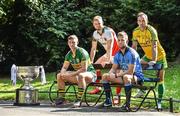 23 July 2014; In attendance at the launch of 2014 GAA Football Championship All-Ireland Series are, from left, James O'Donoghue, Kerry, Robert Hennelly, Mayo, Jonny Cooper, Dublin, Karl Lacey, Donegal, and the Sam Maguire Cup. St Stephen's Green, Dublin. Picture credit: Brendan Moran / SPORTSFILE