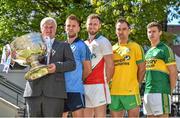 23 July 2014; In attendance at the launch of 2014 GAA Football Championship All-Ireland Series are, from left, Aogán O’Fearghail, Uachtarán-Tofá of the GAA, Jonny Cooper, Dublin, Robert Hennelly, Mayo, Karl Lacey, Donegal, and James O'Donoghue, Kerry. St Stephen's Green, Dublin. Picture credit: Brendan Moran / SPORTSFILE
