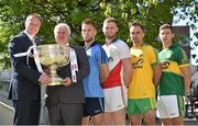 23 July 2014; In attendance at the launch of 2014 GAA Football Championship All-Ireland Series are, from left, William Hanley, Supervalu, Aogán O’Fearghail, Uachtarán-Tofá of the GAA, Jonny Cooper, Dublin, Robert Hennelly, Mayo, Karl Lacey, Donegal and James O'Donoghue, Kerry. St Stephen's Green, Dublin.  Picture credit: Brendan Moran / SPORTSFILE