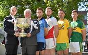 23 July 2014; In attendance at the launch of 2014 GAA Football Championship All-Ireland Series are, from left, Noel Quinn, Media Rights Manager, GAA GO, Aogán O’Fearghail, Uachtarán-Tofá of the GAA, Jonny Cooper, Dublin, Robert Hennelly, Mayo, Karl Lacey, Donegal and James O'Donoghue, Kerry. St Stephen's Green, Dublin.  Picture credit: Brendan Moran / SPORTSFILE