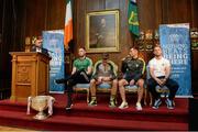 23 July 2014; In attendance at the launch of 2014 GAA Football Championship All-Ireland Series are, from left, MC Dave McIntyre, Robert Hennelly, Mayo, James O'Donoghue, Kerry, Karl Lacey, Donegal, and Jonny Cooper, Dublin. Mansion House, Dublin.  Picture credit: Brendan Moran / SPORTSFILE