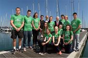 23 July 2014; President of the Olympic Council of Ireland Pat Hickey with members of the Youth Olympic Team, from left to right, Adam King, Athletics, Eoin Sheridan, Athletics, Emer Lambe, Rowing, Seamus O'Connor, Snowboarding, Martin Burke, Team Ireland Chef de Mission Ciara Ginty, Boxing, Calum Bain, Swimming, Michael Duffy, Equestrian, and Michael Gallagher, Boxing. Front row, from left to right, Louise Shanahan, Athletics, Rosanne McGuickian, Athletics, Christina Desmond, Boxing, Michaella Walsh, Athletics, and Laoise Fleming, Swimming, in attendance at an Nanjing Youth Olympic Team Day. Howth Yacht Club, Howth, Co, Dublin. Picture credit: David Maher / SPORTSFILE