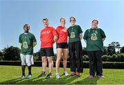 24 July 2014; Newly retired athletics champ Derval O’Rourke is throwing her weight behind Special Olympics Ireland’s bid to get people running in next month’s Rock ‘n’ Roll Dublin Half Marathon. The sport’s charity receives a €1 cash donation for every sign-up and O’Rourke is urging people to register online at RocknRollDublin.com before this weekend’s closing date. Pictured are Derval O’Rourke with Special Olympics CEO, Matt English, and athletes Haile Harton, Malahide United Special Olympics Club, Carrie Doyle, Blackrock Flyers Special Olympics Club, and Lorraine Whelan, Blue Dolphin’s Special Olympics Club. Morton Stadium, Santry, Co. Dublin. Picture credit: Ramsey Cardy / SPORTSFILE