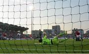 23 July 2014; Legia Warszawa goalkeeper Dusan Kuciak saves a shot from St Patrick's Athletic's Keith Fahey. UEFA Champions League, Second Qualifying Round, Second Leg, St Patrick's Athletic v Legia Warszawa, Tallaght Stadium, Tallaght, Co. Dublin. Picture credit: David Maher / SPORTSFILE