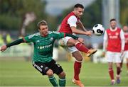 23 July 2014; Christy Fagan, St Patrick's Athletic, in action against Jakub Rzezniczak, Legia Warszawa. UEFA Champions League, Second Qualifying Round, Second Leg, St Patrick's Athletic v Legia Warszawa, Tallaght Stadium, Tallaght, Co. Dublin. Picture credit: David Maher / SPORTSFILE