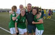 21 July 2014; Republic of Ireland's Amy O'Connor, left, and Keeva Keenan celebrate with assistant coach Dave Bell. 2014 UEFA Women's U19 Championship, Republic of Ireland v Sweden, UKI Arena, Jessheim, Ullensaker, Norway. Picture credit: Stephen McCarthy / SPORTSFILE