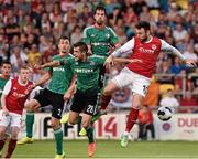 23 July 2014; Mark Quigley, St Patrick's Athletic, in action against Timasz Jodlowiec, Lukasz Broz and Inaki Astiz, Legia Warszawa. UEFA Champions League, Second Qualifying Round, Second Leg, St Patrick's Athletic v Legia Warszawa, Tallaght Stadium, Tallaght, Co. Dublin. Picture credit: David Maher / SPORTSFILE
