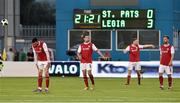 23 July 2014; Dejected St Patrick's Athletic players, from left, Killian Brennan, Keith Fahey, Conan Byrne and Greg Bolger, after Legia Warszawa scored their third goal. UEFA Champions League, Second Qualifying Round, Second Leg, St Patrick's Athletic v Legia Warszawa, Tallaght Stadium, Tallaght, Co. Dublin. Picture credit: David Maher / SPORTSFILE