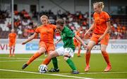 24 July 2014; Amy O'Connor, Republic of Ireland, in action against Kim Mourmans, left, and Lucie Akkerman, the Netherlands. UEFA European Women's U19 Championship, Republic of Ireland v the Netherlands. Mjøndalen Stadion, Nedre Eiker, Norway. Picture credit: Stephen McCarthy / SPORTSFILE