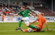 24 July 2014; Amy O'Connor, Republic of Ireland, in action against Lucie Akkerman, the Netherlands. UEFA European Women's U19 Championship, Republic of Ireland v the Netherlands. Mjøndalen Stadion, Nedre Eiker, Norway. Picture credit: Stephen McCarthy / SPORTSFILE