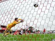 24 July 2014; Rosenborg goalkeeper Alexander Hansen is unable to keep out the shot from Sligo Rovers' Danny North, out of picture. UEFA Champions League, Second Qualifying Round, Second Leg, Sligo Rovers v Rosenborg, Showgrounds, Sligo. Picture credit: David Maher / SPORTSFILE