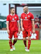 24 July 2014; A dejected John Russell, left, and Alan Keane, Sligo Rovers, at the end of the game. UEFA Champions League, Second Qualifying Round, Second Leg, Sligo Rovers v Rosenborg, Showgrounds, Sligo. Picture credit: David Maher / SPORTSFILE