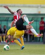 24 July 2014; Rory Patterson, Derry City, in action against Nikolai Kashevski, Shakhtyor Soligorsk. UEFA Champions League, Second Qualifying Round, Second Leg, Shakhtyor Soligorsk v Derry City, Stroitel Stadium, Soligorsk, Belarus. Picture credit: Tatiana Zenkovich / SPORTSFILE