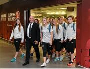 25 July 2014; Republic of Ireland coach David Connell arrives with his squad on their return to Dublin following the UEFA U19 Women's European Championship Finals. Dublin Airport, Dublin. Picture credit: Ramsey Cardy / SPORTSFILE