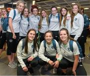 25 July 2014; Republic of Ireland players, back row, from left to right, Megan Connolly, Amy O'Connor, Shannon Carson, Chloe Mustaki, Ciara McNamara, Clare Shine and Sarah Rowe. Front row, from left to right, Jessica Gargan, Katie McCabe and Ciara O'Connell, pictured on their return to Dublin following the UEFA U19 Women's European Championship Finals. Dublin Airport, Dublin. Picture credit: Ramsey Cardy / SPORTSFILE