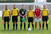 25 July 2014; Ireland captain Luke Evans and Denmark captain Peter Hansen with match officials before the game. 2014 CPISRA Football 7-A-Side European Championships, Ireland v Denmark, Maia, Portugal. Picture credit: Carlos Patrao / SPORTSFILE
