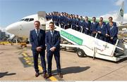 30 May 2016; Northern Ireland manager Michael O'Neill, left, and captain Steven Davis along with the Northern Ireland squad as it departs for EURO2016 from George Best City Airport, Belfast. Photo by Oliver McVeigh/Sportsfile