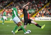 25 July 2014; John O'Flynn, Cork City, in action against Aidan Price, Bohemians. SSE Airtricity League Premier Division, Bohemians v Cork City. Dalymount Park, Dublin. Picture credit: Ramsey Cardy / SPORTSFILE