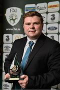 25 July 2014; Darren Cleary, FM104, with his Best Regional Broadcast award during the FAI Communications Awards 2014, Radisson Blu Hotel, Athlone, Co. Westmeath. Picture credit: David Maher / SPORTSFILE