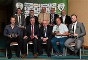 25 July 2014; FAI Chief Executive John Delaney and FAI President Paddy McCaul with award winners, back row, left to right, Justin Burke, Meath and District League, Best PRO award, Darren Cleary, FM104, Best Regional Broadcast award, Jim Murphy, from Dundalk, Best Club Publication award for 'C'mon the town', Adrian Eames, RTE Radio, Best National Broadcast award, Kieran O'Reilly, Belvedere FC, accepts the Best Club Website Award on behalf of Jamie Moore. Front row, left to right, Steve Alfred, Galway City, of extratime.ie, Best Photograph award, Scott, Evening Herald, Best Regional Article award, and Declan Carey, Cork City, Best Social Media Initiative award. FAI Communications Awards 2014, Radisson Blu Hotel, Athlone, Co. Westmeath. Picture credit: David Maher / SPORTSFILE