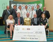25 July 2014; John Delaney, FAI Chief Executive, with Mark Russell, Aviva, and Paul Martyn, FAI Grassroots Educational Development officer, and members of Trim Celtic AFC,  who won the Aviva club of the year award. FAI Communications Awards 2014, Radisson Blu Hotel, Athlone, Co. Westmeath. Picture credit: David Maher / SPORTSFILE
