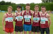 26 July 2014; Members of Mullingar Harriers AC, Co. Westmeath, from left, Padraig Moran, who won the U19 3000m, Patrick Shaw, who came second in the U17 3000m, Shane Hughes ,who won the U17 3000m, Cormac Dalton, who came third in the U17 3000m and Jack O'Leary, who won the U18 3000m. GloHealth Juvenile Track and Field Championships, Tullamore Harriers AC, Tullamore, Co. Offaly. Picture credit: Matt Browne / SPORTSFILE
