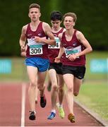 26 July 2014; Shane Hughes, 309, from Mullingar Harriers AC, Co. Westmeath, on his way to winning U17 3000m ahead of his team-mates Patrick Shaw, 304, who finished second, and Cormac Dalton, right, who finished in third place. GloHealth Juvenile Track and Field Championships, Tullamore Harriers AC, Tullamore, Co. Offaly. Picture credit: Matt Browne / SPORTSFILE
