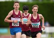 26 July 2014; Shane Hughes, 309, from Mullingar Harriers AC, Co. Westmeath, on his way to winning U17 3000m ahead of his team-mates Patrick Shaw, 304, who finished second, and Cormac Dalton, right, who finished in third place. GloHealth Juvenile Track and Field Championships, Tullamore Harriers AC, Tullamore, Co. Offaly. Picture credit: Matt Browne / SPORTSFILE