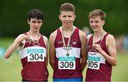 26 July 2014; Shane Hughes from Mullingar Harriers AC, Co. Westmeath, who won the Under-17 3000m with team-mates Patrick Shaw, left, who came second and Cormac Dalton, right, who came third. GloHealth Juvenile Track and Field Championships, Tullamore Harriers AC, Tullamore, Co. Offaly. Picture credit: Matt Browne / SPORTSFILE
