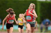 26 July 2014; Katherine O'Connor, right, from St. Gerards AC, Co. Louth, who won the under-15 800m from second place Alex O'Neill, from St. Cronans AC, Co, Clare. GloHealth Juvenile Track and Field Championships, Tullamore Harriers AC, Tullamore, Co. Offaly. Picture credit: Matt Browne / SPORTSFILE