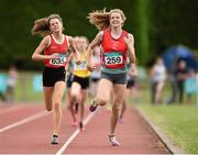 26 July 2014; Katherine O'Connor, right, from St. Gerards AC, Co. Louth, who won the under-15 800m from second place Alex O'Neill, from St. Cronans AC, Co, Clare. GloHealth Juvenile Track and Field Championships, Tullamore Harriers AC, Tullamore, Co. Offaly. Picture credit: Matt Browne / SPORTSFILE