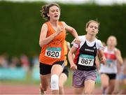 26 July 2014; Fiona Doyle, left, from Star of the Laune AC, Co. Kerry who won the girls under-14 800m from second place Aine Corcoran, from Shercock AC, Co. Cavan. GloHealth Juvenile Track and Field Championships, Tullamore Harriers AC, Tullamore, Co. Offaly. Picture credit: Matt Browne / SPORTSFILE