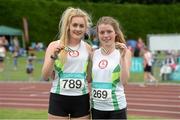 27 July 2014; Sinead Burke, left, St Coca's AC, Co. Kildare, who won the girls U-19 3000m Walk and clubmate Claire Kennedy who won the girls U-18 3000m Walk. GloHealth Juvenile Track and Field Championships, Tullamore Harriers AC, Tullamore, Co. Offaly. Picture credit: Matt Browne / SPORTSFILE