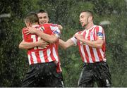 27 July 2014; Michael Duffy, centre, Derry City, celebrates scoring his side's first goal with team-mates Mark Timlin and Nathan Boyle, right. SSE Airtricity League Premier Division, UCD v Derry City. The UCD Bowl, UCD, Belfield, Dublin. Picture credit: Piaras Ó Mídheach / SPORTSFILE