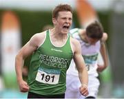 27 July 2014; Luke Morris from Newbridge AC, Co. Kildare, celebrates after winning the U-16 200m. GloHealth Juvenile Track and Field Championships, Tullamore Harriers AC, Tullamore, Co. Offaly. Picture credit: Matt Browne / SPORTSFILE