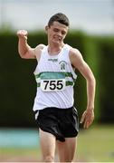 27 July 2014; Aaron Egan from Clonmel AC, Co. Tipperary, celebrates winning the U-18 3000m Walk. GloHealth Juvenile Track and Field Championships, Tullamore Harriers AC, Tullamore, Co. Offaly. Picture credit: Matt Browne / SPORTSFILE