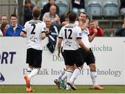 27 July 2014; Kurtis Byrne, right, Dundalk, is congratulated by team-mates after scoring his side's second goal. SSE Airtricity League Premier Division, Dundalk v Bray Wanderers. Oriel Park, Dundalk, Co. Louth. Photo by Sportsfile