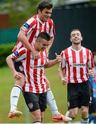27 July 2014; Michael Duffy, bottom, Derry City, celebrates scoring his third, and his side's fourth goal, with his team-mate Philip Lowry. SSE Airtricity League Premier Division, UCD v Derry City. The UCD Bowl, UCD, Belfield, Dublin. Picture credit: Piaras Ó Mídheach / SPORTSFILE