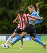 27 July 2014; Philip Lowry, Derry City, in action against Colm Crowe, UCD. SSE Airtricity League Premier Division, UCD v Derry City. The UCD Bowl, UCD, Belfield, Dublin. Picture credit: Piaras Ó Mídheach / SPORTSFILE