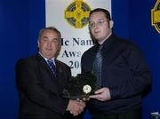 15 July 2006; Gerald McCloughan, from Tyrone, receives his GAA MacNamee award for &quot;Best Website&quot; from GAA President Nickey Brennan at the 2006 GAA MacNamee awards. Burlington Hotel, Dublin. Picture credit: Brendan Moran / SPORTSFILE