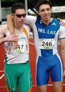 6 September 2006; Ireland's Jason Smyth won the Gold Medal in the T13 100 metre celebrates with Ioannis Protos of Greece, who was fourth. Smyth won in a new world record time of 10.86 seconds, his second gold medal and second world record of the World Championships. Paralympic World Athletics Championships, Assen, Holland. Picture credit: SPORTSFILE