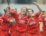 10 September 2006; Mary O'Connor, left, Cork, and her team-mate Sara Hayes, celebrate at the end of the game. Gala All-Ireland Senior Camogie Championship, Final, Cork v Tipperary, Croke Park, Dublin. Picture credit: David Maher / SPORTSFILE