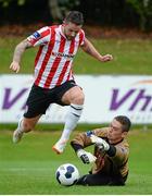 27 July 2014; Rory Patterson, Derry City, rounds UCD goalkeeper Conor O'Donnell to score his second and his sides sixth goal of the game. SSE Airtricity League Premier Division, UCD v Derry City. The UCD Bowl, UCD, Belfield, Dublin. Picture credit: Piaras Ó Mídheach / SPORTSFILE