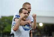 27 July 2014; Kurtis Byrne, Dundalk, left, celebrates after scoring his side's fourth goal with teammate Daryl Horgan. SSE Airtricity League Premier Division, Dundalk v Bray Wanderers. Oriel Park, Dundalk, Co. Louth. Photo by Sportsfile