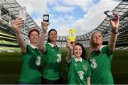 28 July 2014; Pictured are, from left, Deirdre Nugent, Laura Carney, Lauren Byrne Whelan and Chloe Clarke, members of You Boys In Green, Ireland's widest network of Irish football supporters, at the Aviva Stadium to launch Three’s new Power Your Network campaign. Three is celebrating the rollout of 4G by inviting networks of people across Ireland, like YBIG, to share their story for a chance to win a cash prize. To enter, simply log on to Three’s Facebook page at Facebook.com/3Ireland and share the story of #YourNetwork. Aviva Stadium, Lansdowne Road, Dublin. Picture credit: David Maher / SPORTSFILE