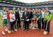 29 July 2014; Uachtarán Chumann Lúthchleas Gael Liam Ó Néill, centre, with from left to right, Eoin Reilly, Laois, Barry Kenneally, Cork, Niamh Mackin, Louth,  Martin Donnelly, sponsor, Humphrey Kelleher, Chairman of the National Poc Fada Committee, Brendan Cummins, Tipperary, President of the Camogie Association Aileen Lawlor, Cathrina Daly, Galway, Jack Coyne, Galway, Aoibhean Murphy, Armagh, Donal O'Brien, Mayo, and Alan Kelly, Laois, during the launch of the M.Donnelly GAA’s All-Ireland Poc Fada Finals. Croke Park, Dublin. Picture credit: David Maher / SPORTSFILE